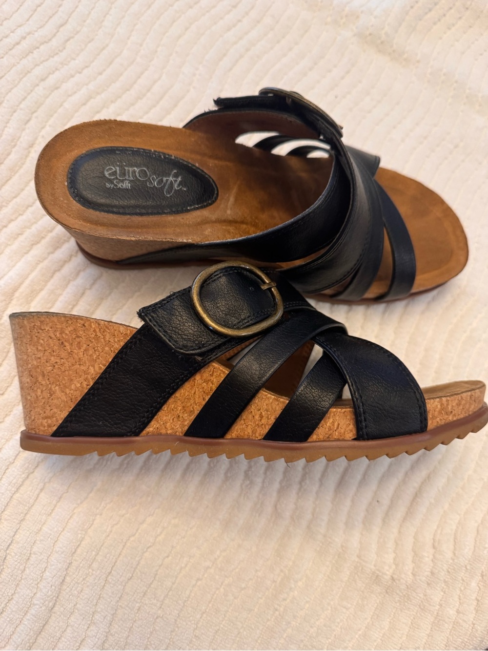 Sofft Black Leather Crisscross Buckle Wedge Slides
